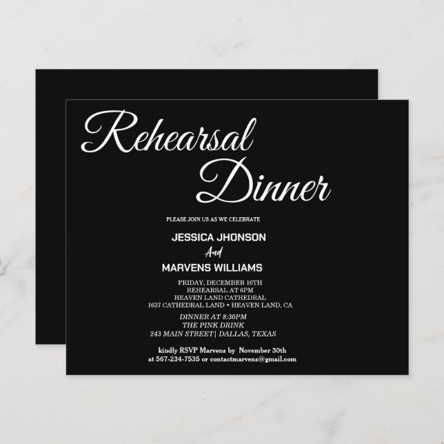 Eenvoudig script zwarte repetitie diner invititie (Voorkant / Achterkant)