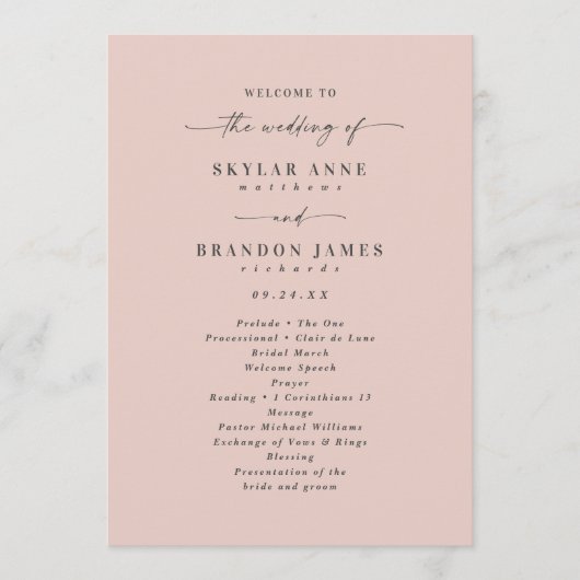 Eenvoudig Solid Light Pink Wedding Ceremony Progra Programma (Voorkant)