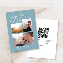 Eenvoudig & Stijlvol Blauw Drie Foto Handgeschreve Save The Date