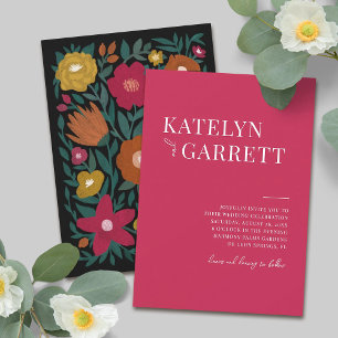 Eenvoudig stijlvol Magenta Floral Black Wedding Kaart