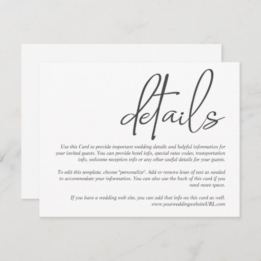 Eenvoudig stijlvol script bruiloft details informa informatiekaartje (Voorkant / Achterkant)