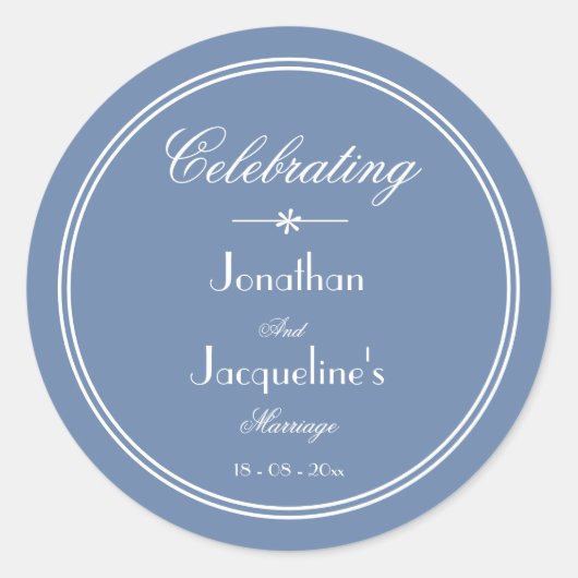 Eenvoudig stoffig blauw chic script bruiloft gunst ronde sticker (Voorkant)