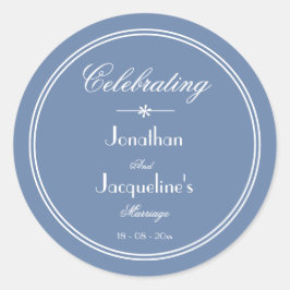 Eenvoudig stoffig blauw chic script bruiloft gunst ronde sticker