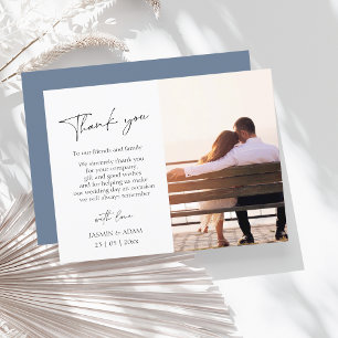 Eenvoudig stoffig blauw script foto bruiloft dank briefkaart