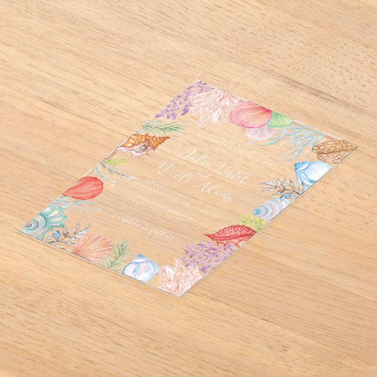 Eenvoudig strand Blue Ocean Seashell bruiloft Acryl Uitnodigingen (Laagn)