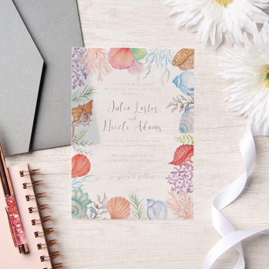 Eenvoudig strand Blue Ocean Seashell bruiloft Vellum Uitnodigingen (Huwelijk)