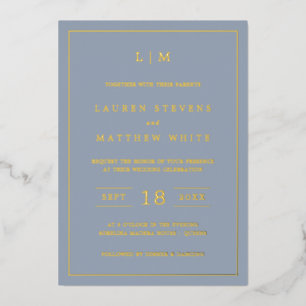 Eenvoudig Stusty Blue Monogram Elegant Wedding Folie Uitnodiging