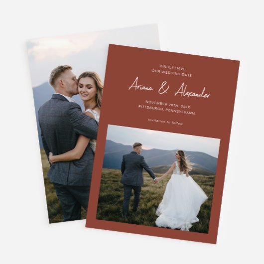 Eenvoudig terracotta script foto bruiloft save the date