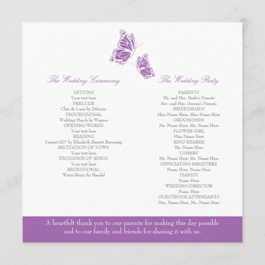 Eenvoudig Violet Butterflies Wedding Programme Programma (Achterkant)