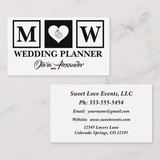 Eenvoudig Visitekaartje voor zwarte en witte bruil (Voorkant / Achterkant)