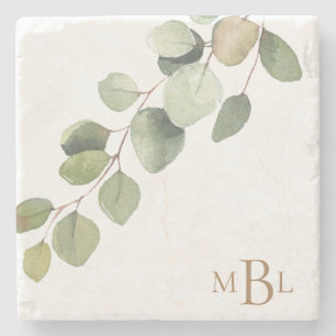 Eenvoudig waterverf eucalyptus monogram stenen onderzetter