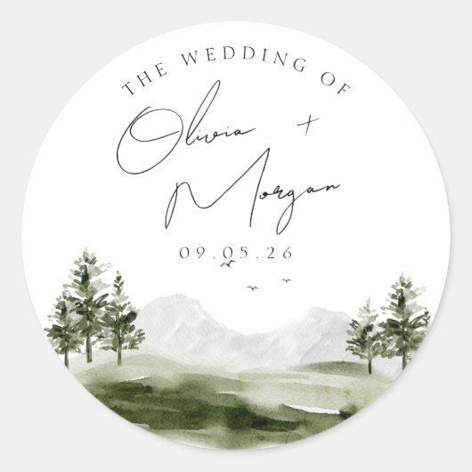 Eenvoudig Waterverf-gebergte wweddenschap Ronde Sticker (Voorkant)