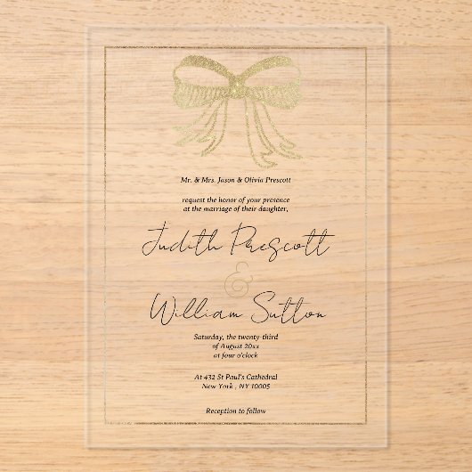 Eenvoudig wit goud glitter strik lint Trouwen Acryl Uitnodigingen (Voorkant)