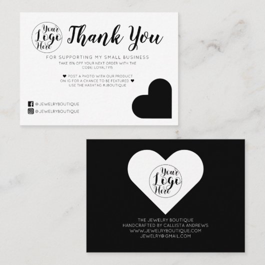 Eenvoudig wit zwart hart Logo - Hartelijk dank Visitekaartje (Voorkant / Achterkant)