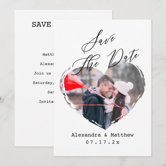 Eenvoudig Z&W-script Minimalistische hart vertical Save The Date (Voorkant / Achterkant)