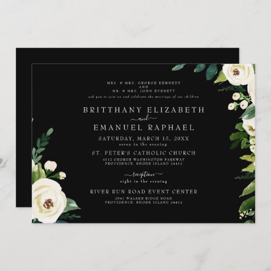 Eenvoudig zwart beide ouders wit bloemenbruiloft kaart (Voorkant / Achterkant)