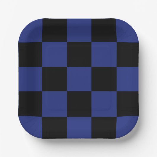 Eenvoudig zwart en blauw check patroon papieren bordje (Voorkant)