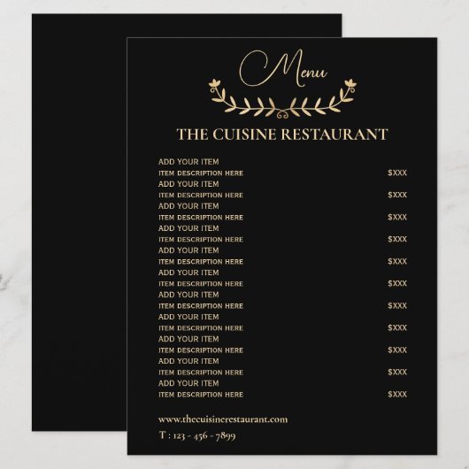 Eenvoudig zwart en Gold Small Restaurant Menu (Voorkant / Achterkant)