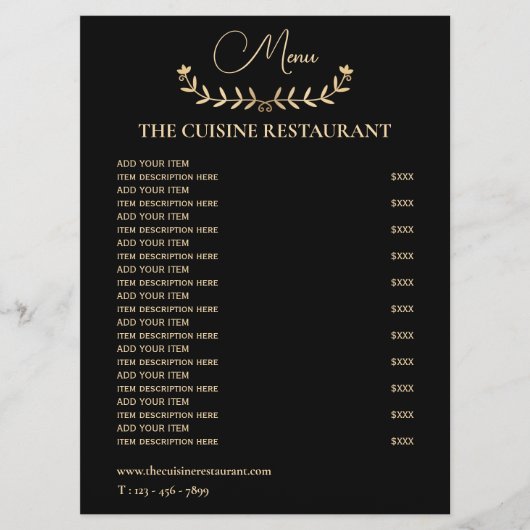 Eenvoudig zwart en Gold Small Restaurant Menu (Voorkant)