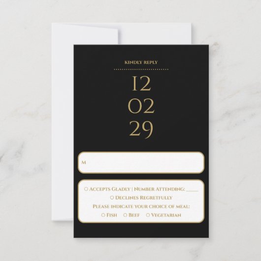 Eenvoudig zwart en goud speciale datum bruiloft RSVP kaartje (Voorkant)