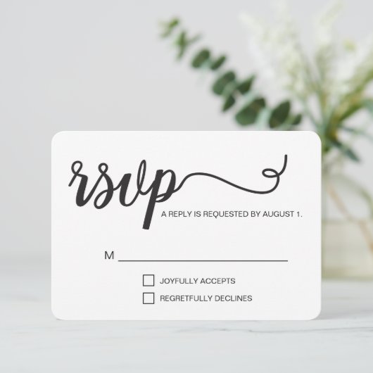 Eenvoudig zwart en wit elegant RSVP-script RSVP Kaartje (Staand voorkant)
