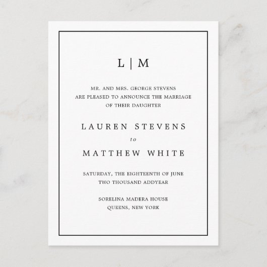 Eenvoudig zwart en wit monogram elegante trouw- aankondigingskaart (Voorkant)
