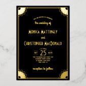 Eenvoudig Zwart Goud Art Deco Retro Bloemen Huweli Folie Uitnodiging (Voorkant)