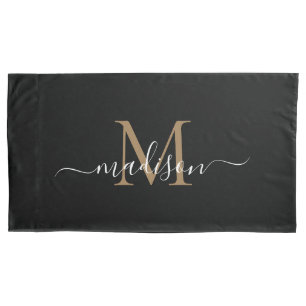 Eenvoudig zwart goudmonogram elegant eminine-scrip kussensloop