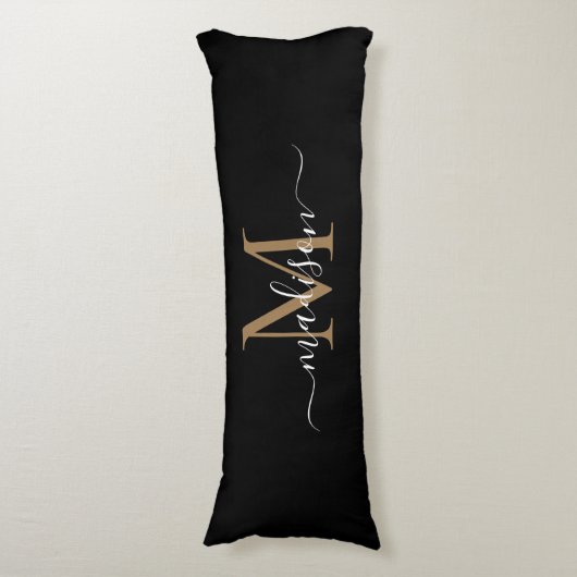 Eenvoudig zwart goudmonogram elegant eminine-scrip lichaamskussen (Voorkant Verticaal)