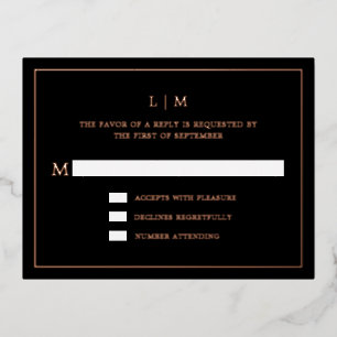 Eenvoudig zwart monogram elegante bruiloft RSVP Folie Uitnodiging Briefkaart
