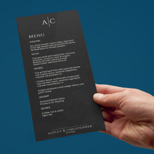 Eenvoudig zwart noir monogram bruiloft receptie menu