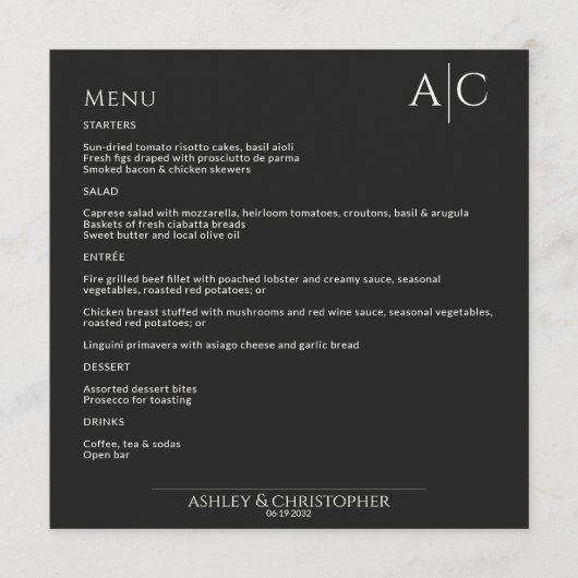 Eenvoudig zwart noir monogram bruiloft receptie menu (Voorkant)