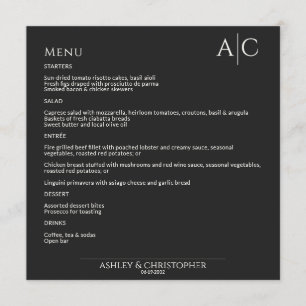 Eenvoudig zwart noir monogram bruiloft receptie menu
