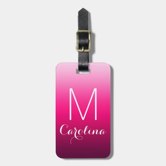 Eenvoudig zwart-roze gradiëntmonogram bagagelabel (Voorkant verticaal)