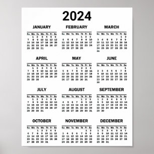 Eenvoudig zwart-wit 2024 jaar in het kort Kalender Poster