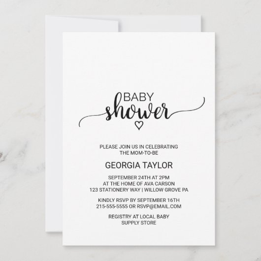 Eenvoudig zwart-wit Baby shower voor kalligrafie Kaart (Voorkant)