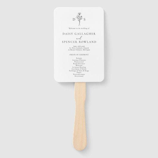 Eenvoudig zwart-wit bloemenmonogram bruiloft handwaaier (Voorkant)