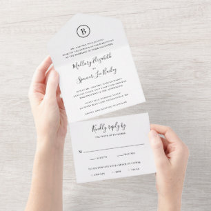 Eenvoudig zwart-wit elegant monogram huwelijk all in one uitnodiging