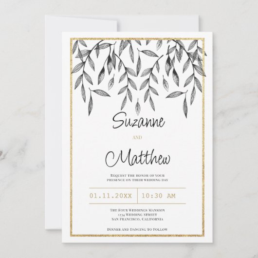 Eenvoudig zwart wit goud bloemenblad bruiloft kaart (Voorkant)