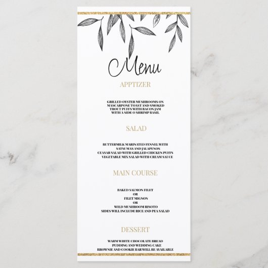 Eenvoudig zwart wit goud gebladerte Bruiloft Menu (Voorkant)
