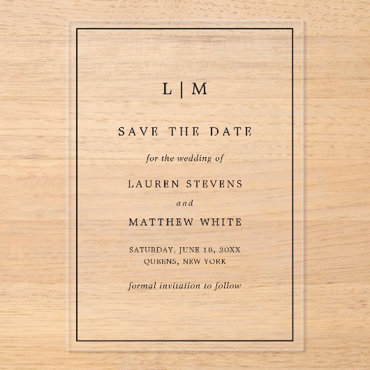 Eenvoudig zwart-wit huwelijk sparen de Datum Acryl Uitnodigingen (Voorkant)