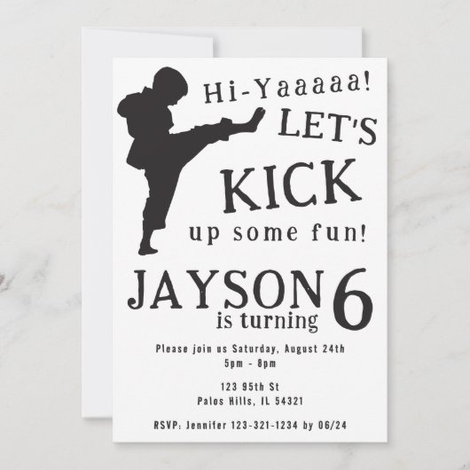 Eenvoudig zwart wit jongen karate verjaardag uitno kaart (Voorkant)