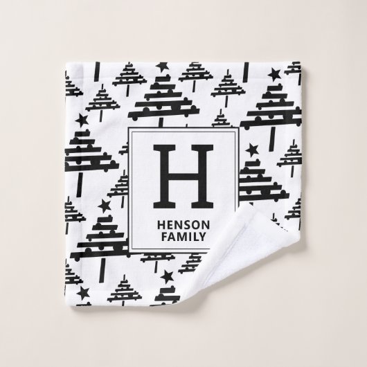 Eenvoudig zwart-wit kerstboommonogram bad handdoek (Wasdoekje)