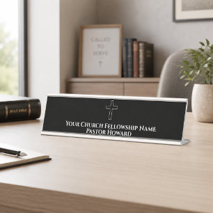 Eenvoudig Zwart Wit Kruis Overzicht Kerk Pastor Bureau Naambordje