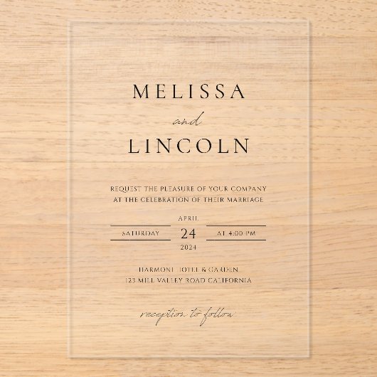 Eenvoudig zwart-wit minimalistisch script bruiloft acryl uitnodigingen (Voorkant)