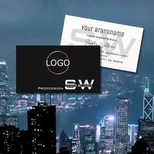 Eenvoudig zwart-wit modern met monogram en logo visitekaartje