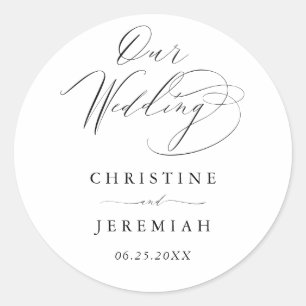 Eenvoudig zwart-wit modern script bruiloft ronde sticker