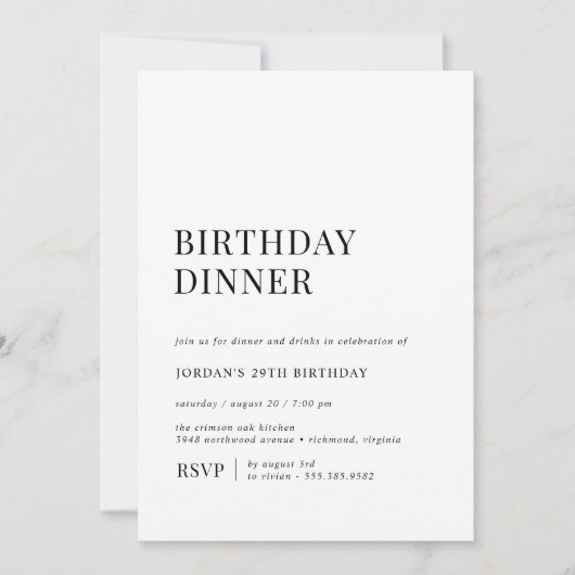 Eenvoudig zwart-wit | Modern verjaardagsdiner Kaart (Voorkant)