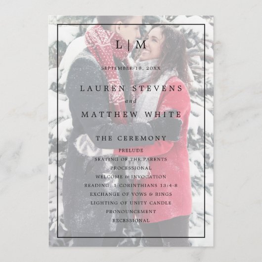 Eenvoudig zwart-wit monogram elegante bruiloft programma (Voorkant)