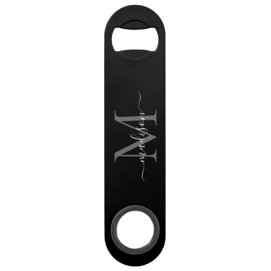 Eenvoudig zwart-wit monogram Girly Elegant Script Speed Flessenopener (Achterkant)